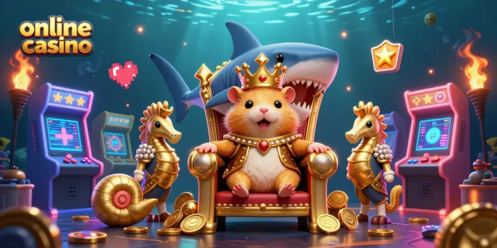 Disfruta de un emocionante juego en un casino en línea con un rey hámster dorado rodeado de elementos de juego en 3D.