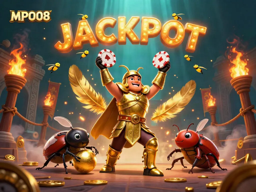 MPO08 illustrates a winning moment with the gladiator beetle in a playful casino scene.