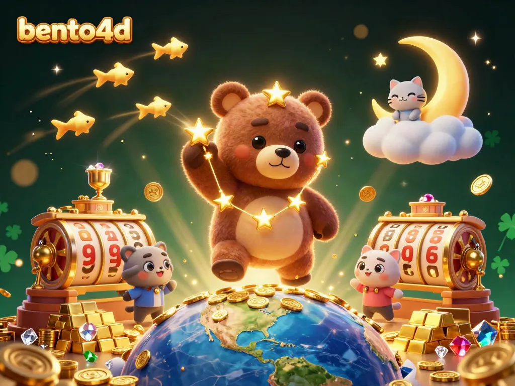bento4d slots scene featuring a constellation bear scooping coins while surrounded by rich casino elements.