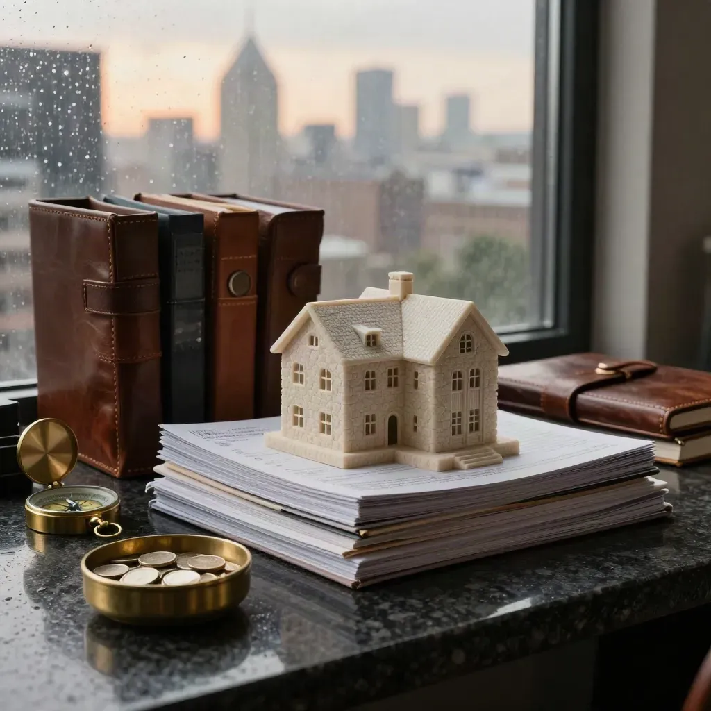 Wealth-planning objects on granite in dawn rain: house model, binders, compass, coins, notebook.