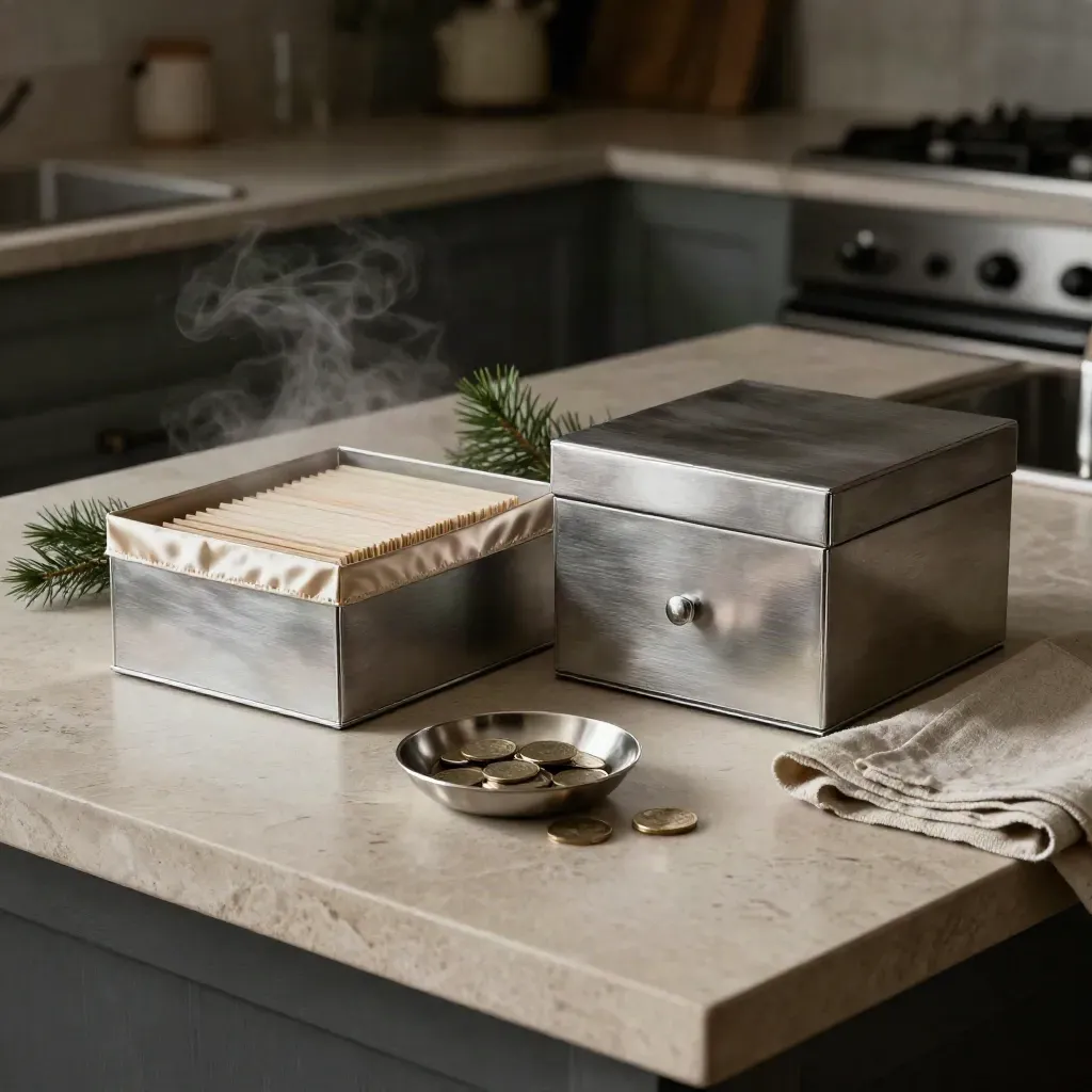Overhead of two archival account boxes, evergreen sprig, change dish, and linen on stone.