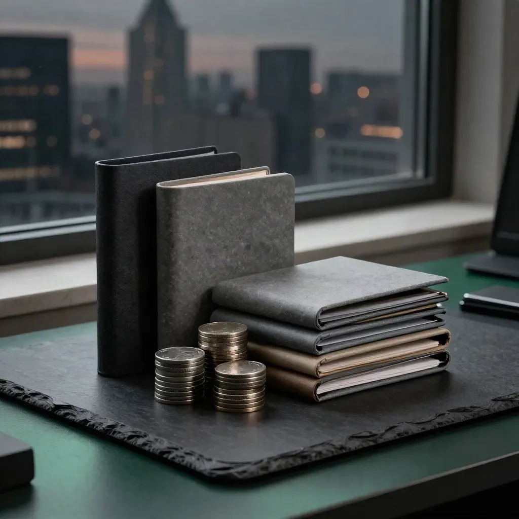 Financial planning still life with stone weights, metal coin cylinders, and stacked portfolio sleeves at dusk.