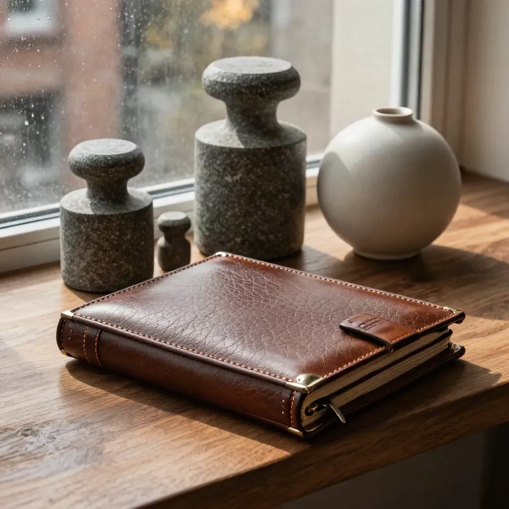 Stone weights and a leather portfolio on a walnut ledge beside rain-blurred glass.