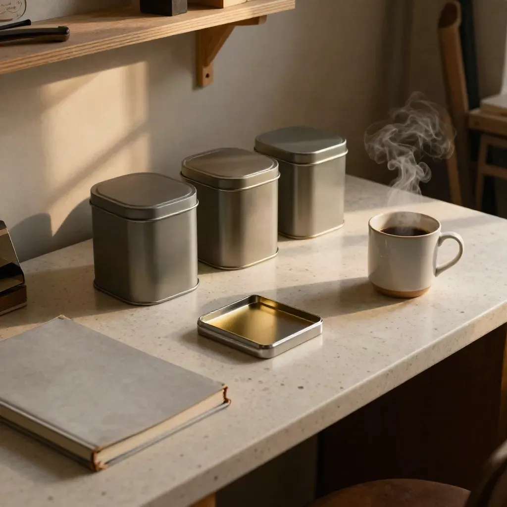 Top-down on tins, ledger box, key tray and steaming mug on a travertine office counter.