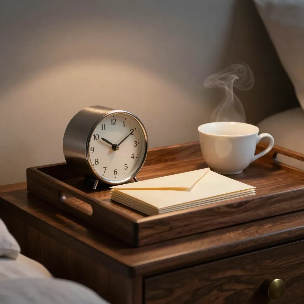 Warm bedside tray with small clock, envelope sleeves, and a steaming porcelain cup in lamp glow.