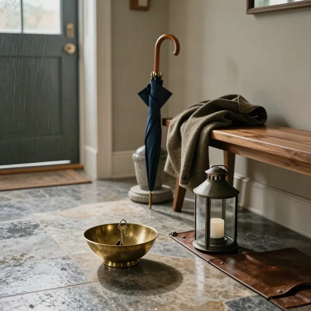 Rainy foyer with key bowl, umbrella stand, coat drape and storm lantern by a window.