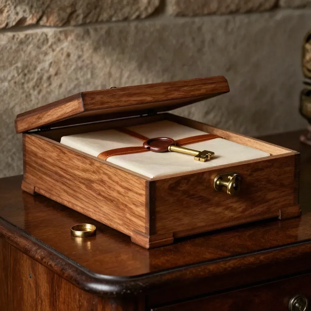 Open cedar keepsake box, wax-sealed ribbon bundle, brass key and ring dish on a dark sideboard.