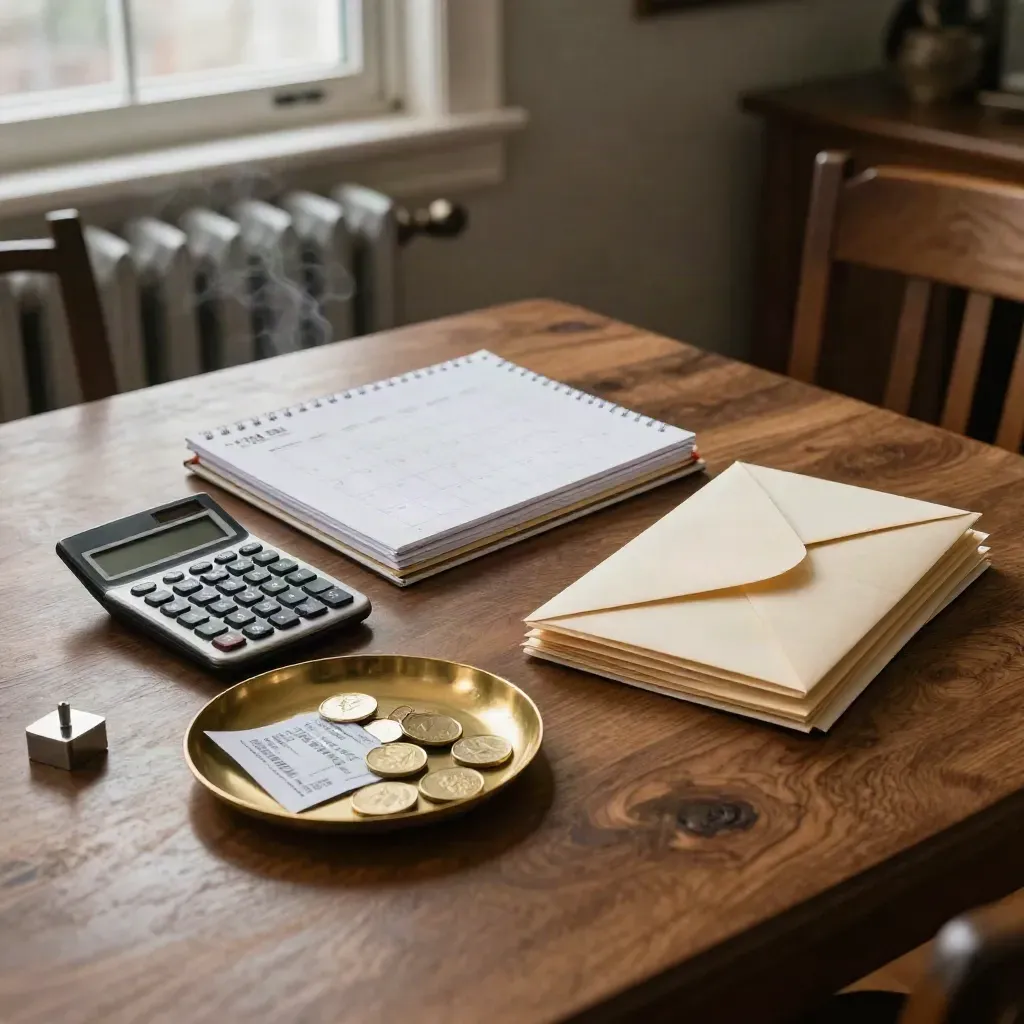 Overhead of year-end tax items on a walnut dining table, lit by winter window light.