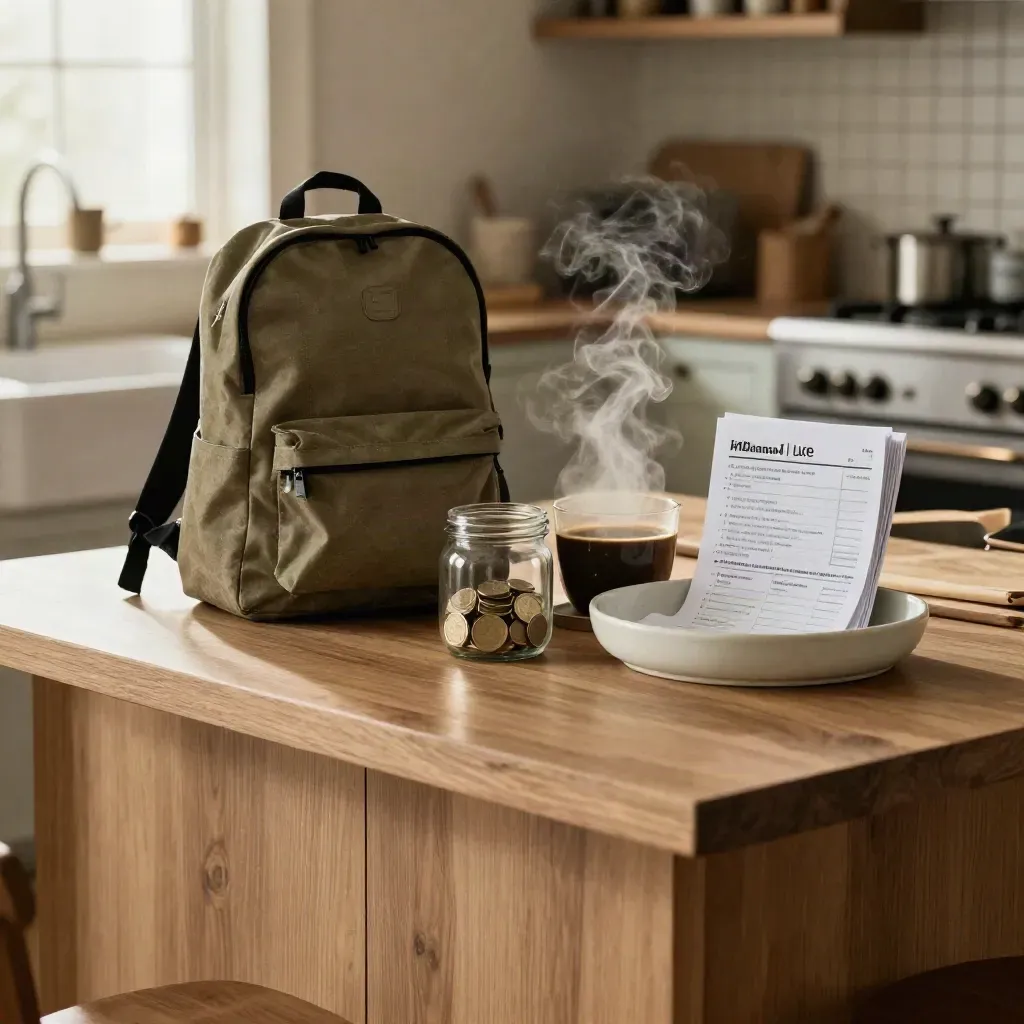 Kitchen island with groceries, backpack, savings jar, and bill tray in warm morning steam.