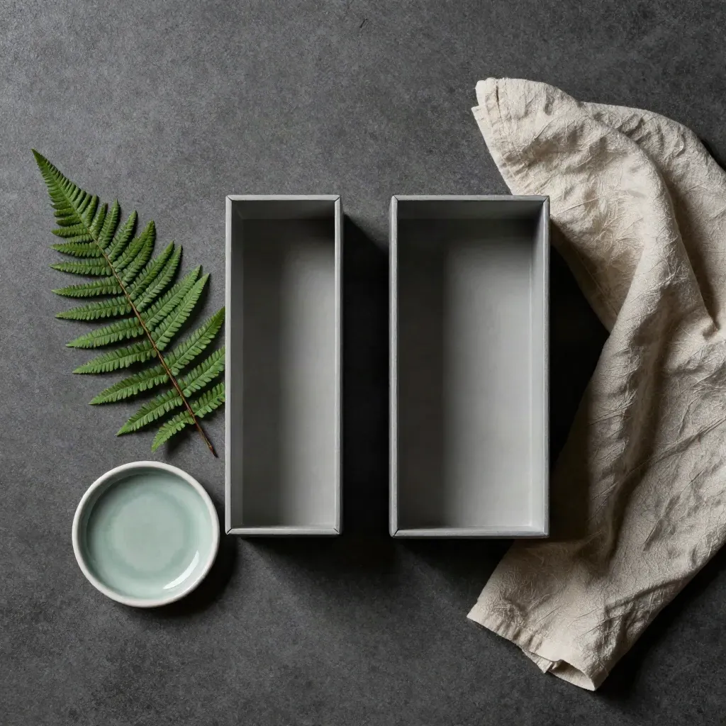Overhead flatlay of two matte money boxes with dish, fern and linen on graphite concrete.