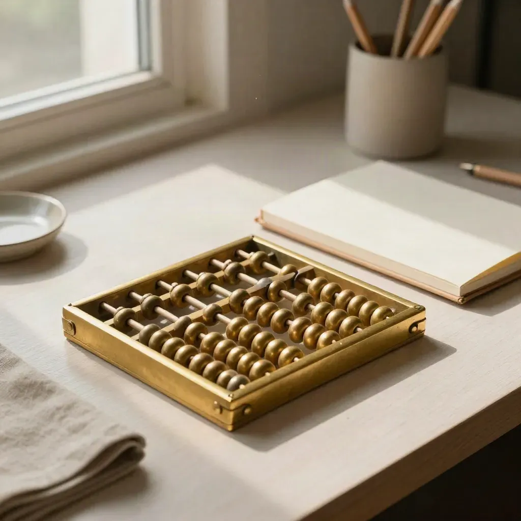 Brass abacus beside cream notebook and pencil cup on pale wood, lit by soft side daylight.