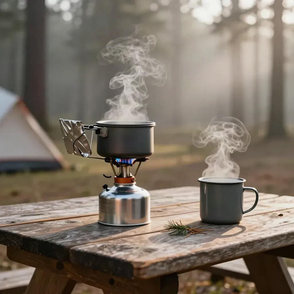 Camp stove heating coffee on a pine campground picnic table with morning steam