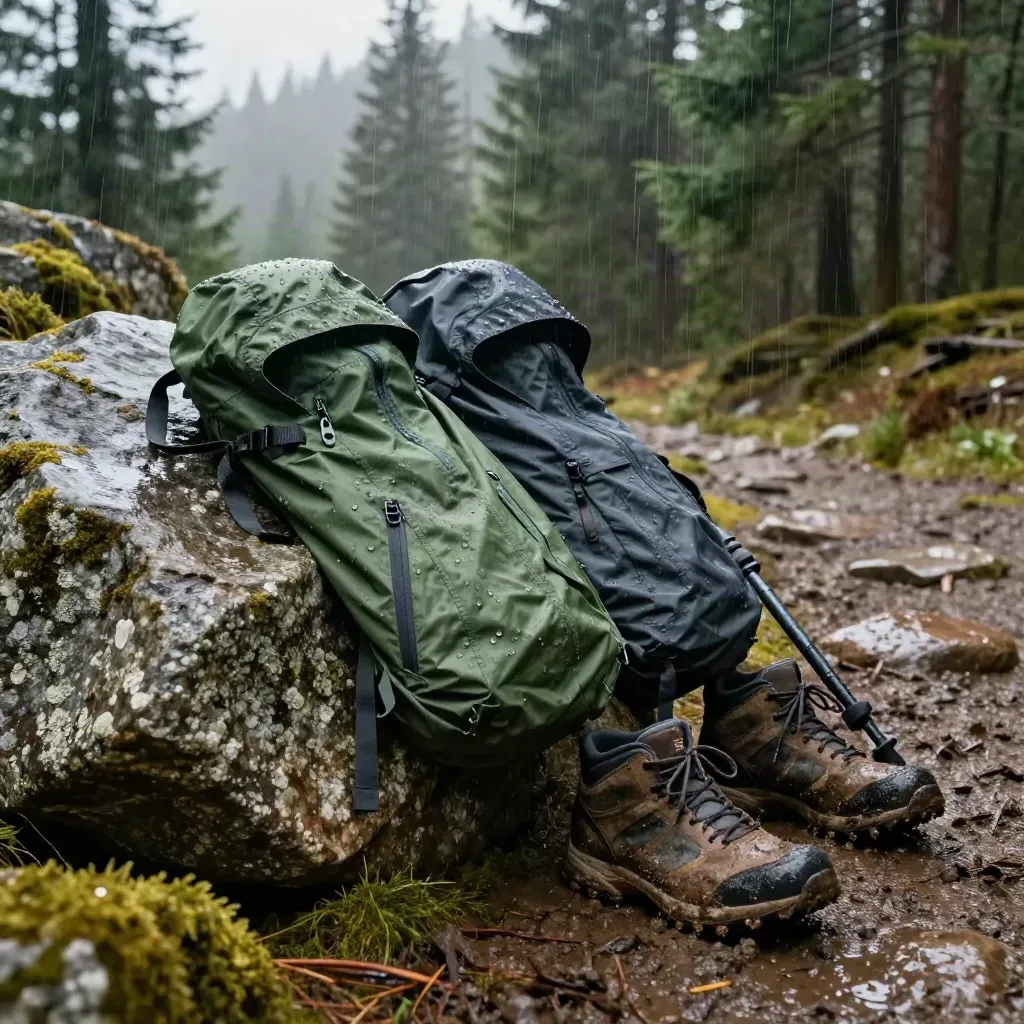 Rain shells on a granite boulder beside muddy trail shoes in spring rain.