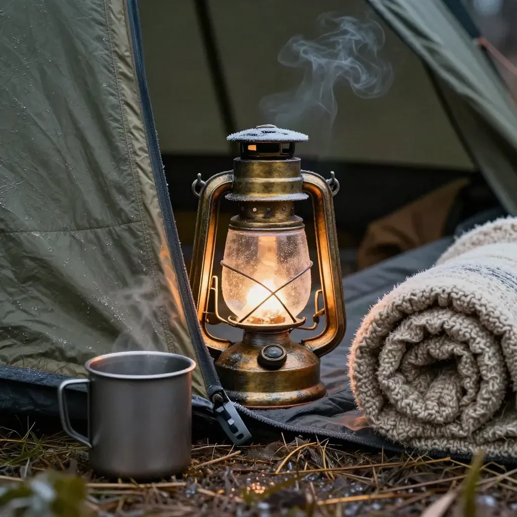 Lantern, mug, puffy jacket and rolled blanket glowing beside a tent in cold after-sunset haze
