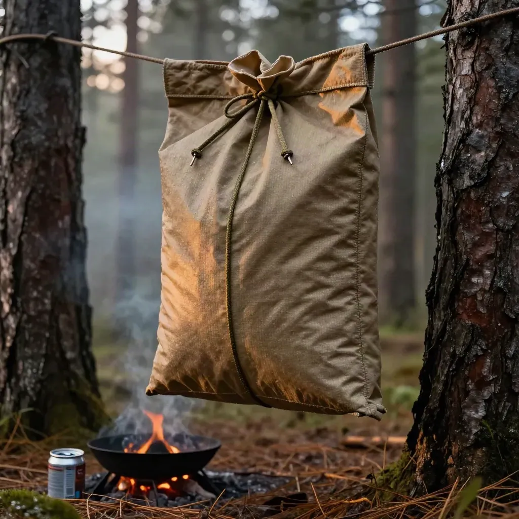 Upward forest-camp macro of a bear bag hanging between pines above a fire ring and canister.