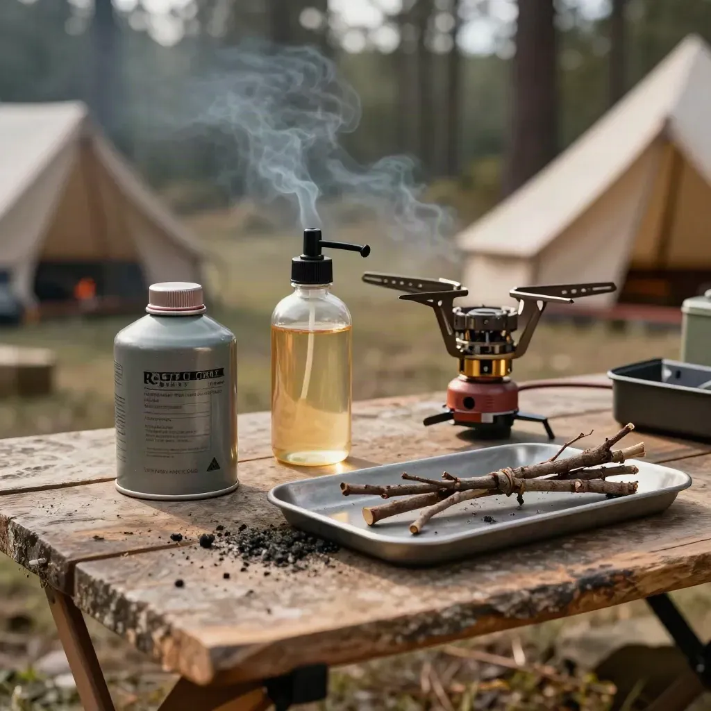 Three stove fuels beside a compact camp burner on a metal tray in smoky campsite light.