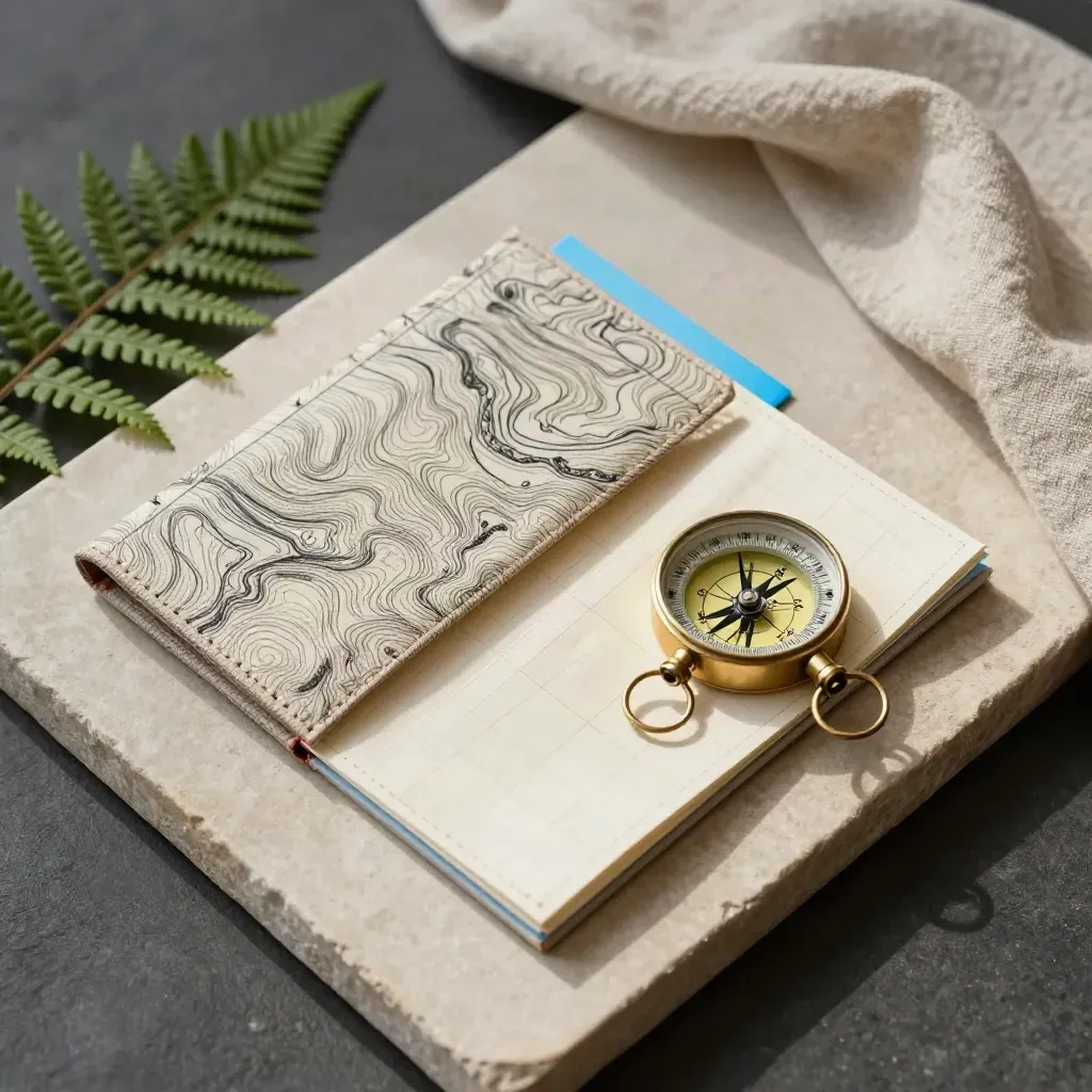 Top-down map wallet, brass compass, and fern on pale stone with sky-blue accent.