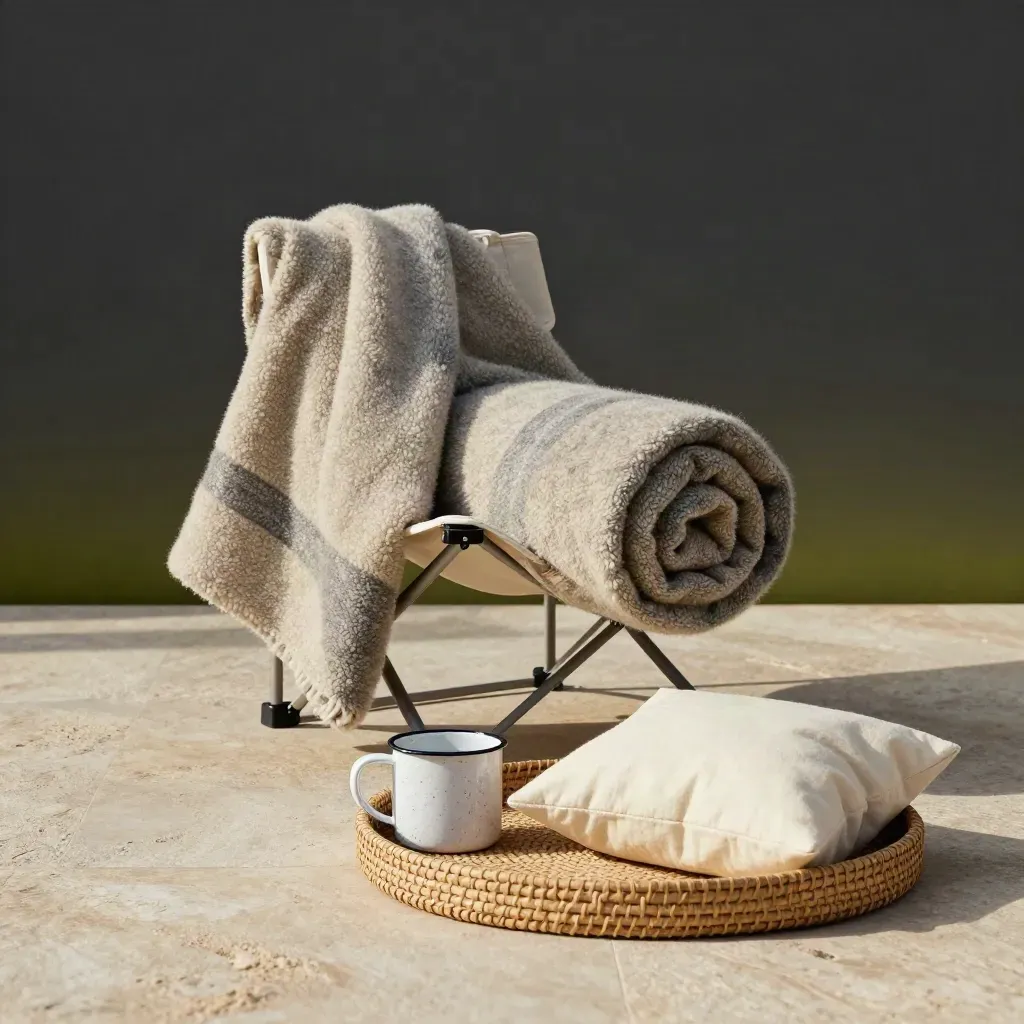 Camp comfort kit: rolled blanket, chair frame, enamel mug and stuff sack on a woven tray.