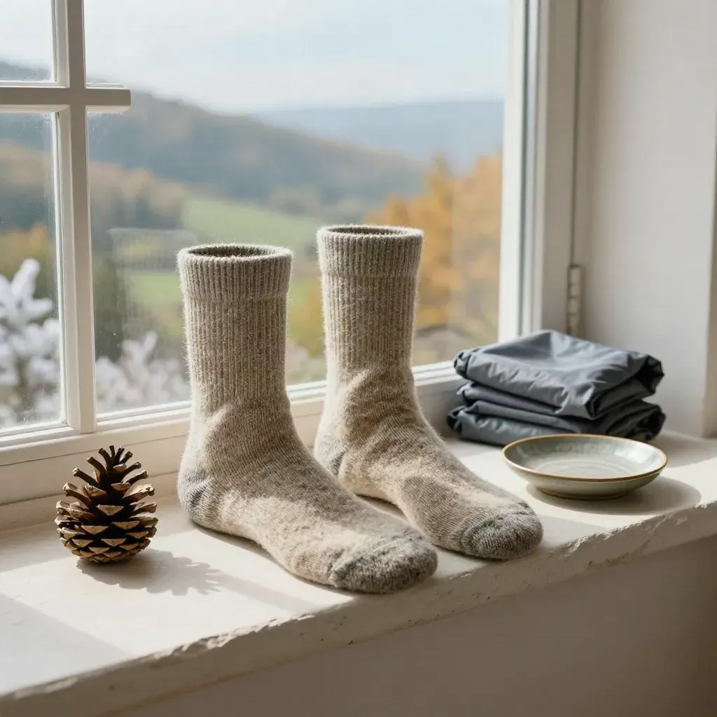 Trail socks, folded shell, pine cone, and ceramic dish on a mountain windowsill in cool daylight.