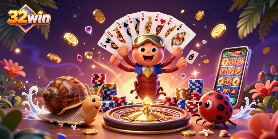 Experience 32win's thrilling casino action with an exciting 3D illustration featuring card games and vibrant elements.