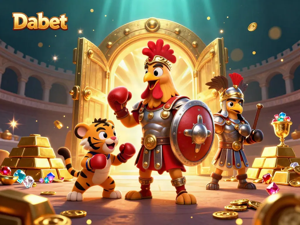 Dabet showcases its vibrant online casino atmosphere with a dynamic 3D scene featuring a gladiator rooster and treasures.
