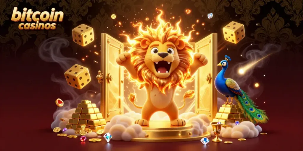 Experience the thrill of bitcoin casinos with a 3D illustration showcasing a roaring sun lion, golden treasures, and cosmic dice.