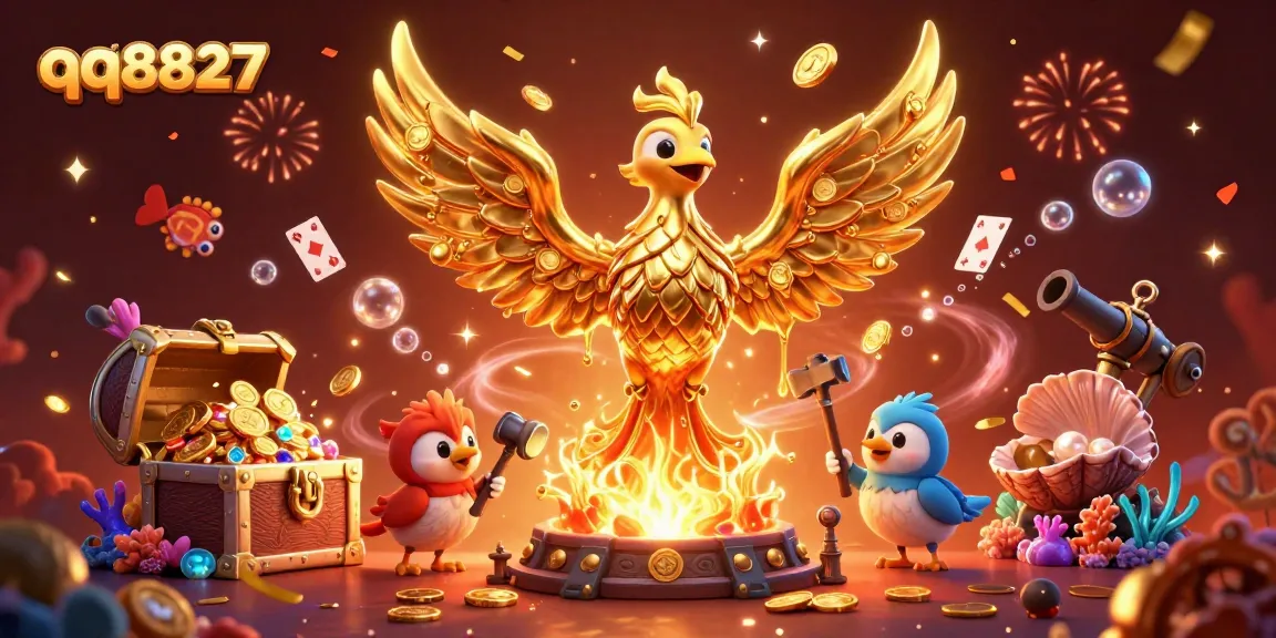 Experience winning thrills with qq8827, featuring a molten golden phoenix among vibrant casino treasures.