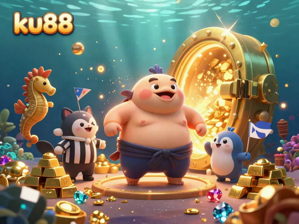 ku88 offers thrilling underwater casino action featuring a puffed fugu, catfish referee, and vibrant gems.