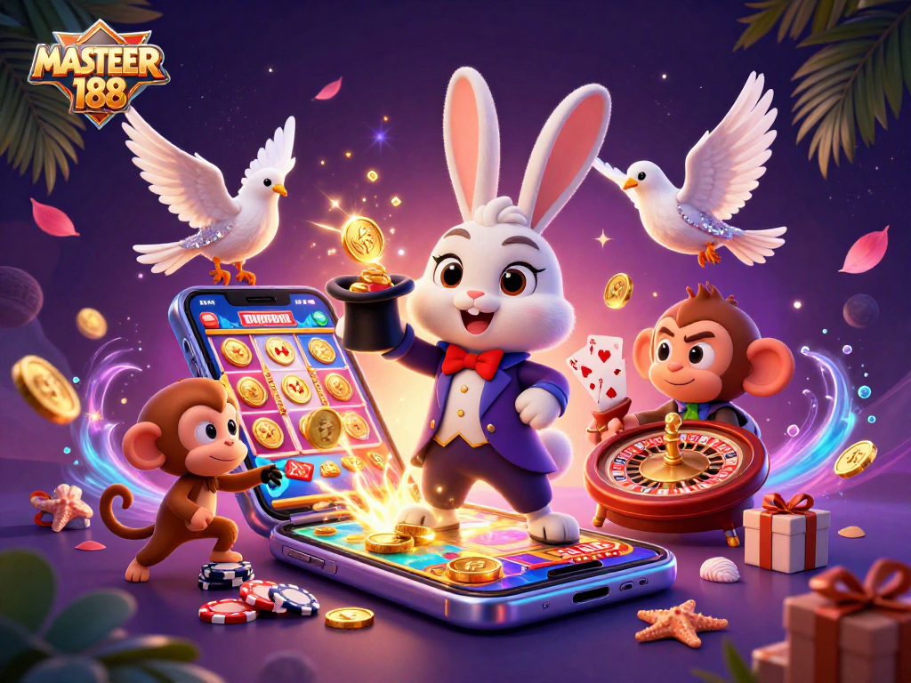 Engage in exciting gameplay at MASTER188 featuring a magician rabbit, a dove, and poker chips.