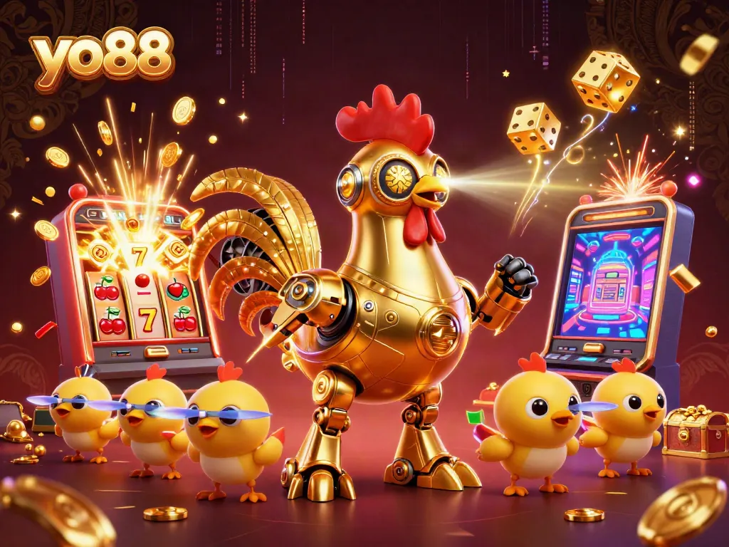 yo88 features a vibrant scene with a golden rooster robot amidst gambling thrills and jackpot excitement