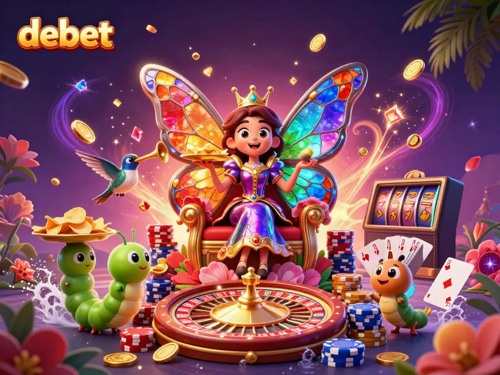 Experience debet with vibrant 3D casino elements featuring a butterfly queen, spinning roulette, and colorful poker treasures.