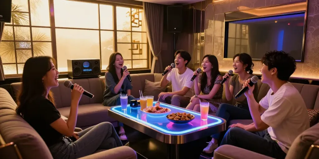 강남 달토의 고급스러운 노래방 내부에서 친구들이 함께 노래하는 모습