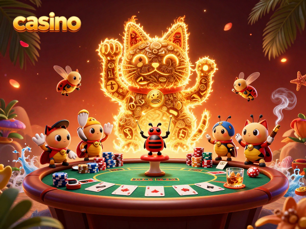 Engage in a vibrant casino scene with a giant lucky cat and poker elements.