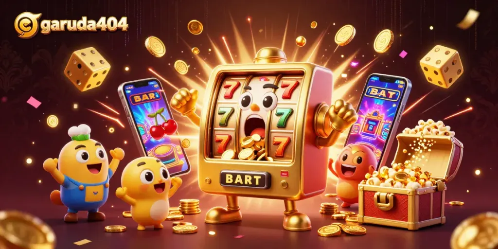 Join the fun at garuda404 with vibrant slot machines bursting with coins in a colorful casino scene.