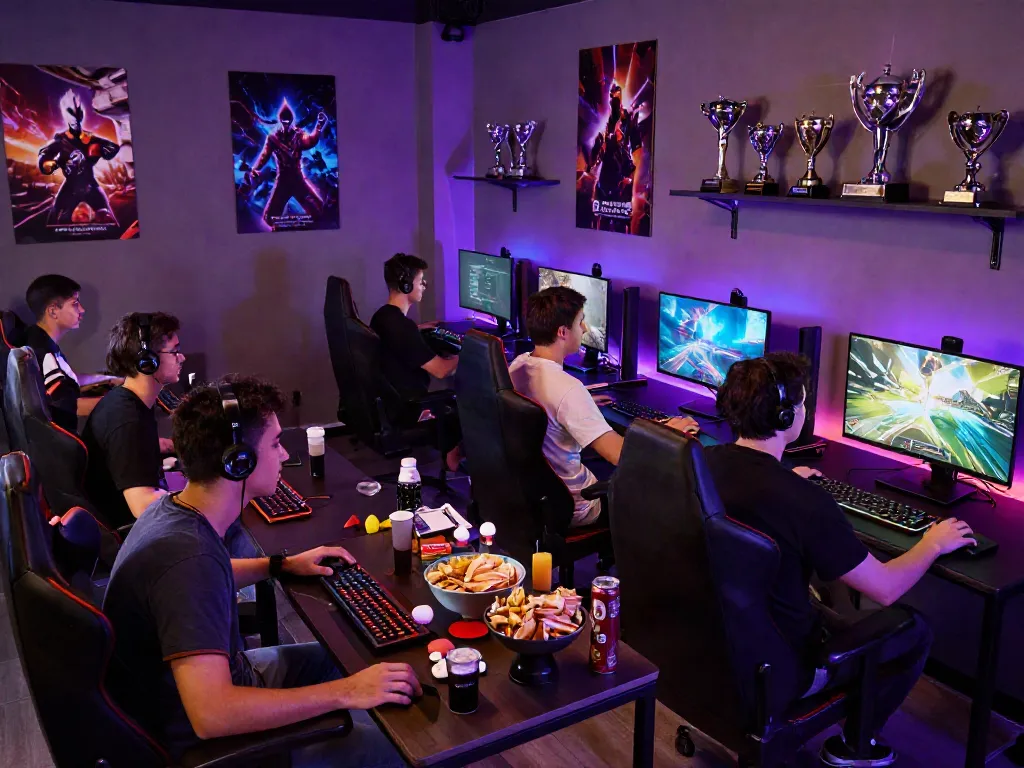 Manclub gaming lounge with men competing on consoles in vibrant LED light.