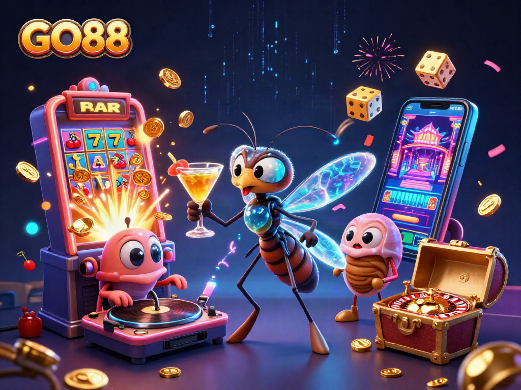 Win big with GO88 at this vibrant casino-themed illustration full of action and excitement.