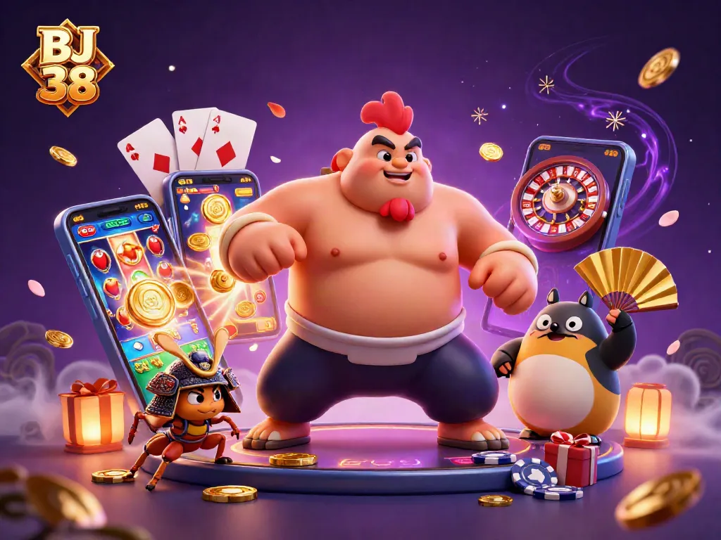 BJ 38 engages players with a captivating cartoon sumo wrestler amid dynamic casino elements igniting excitement.