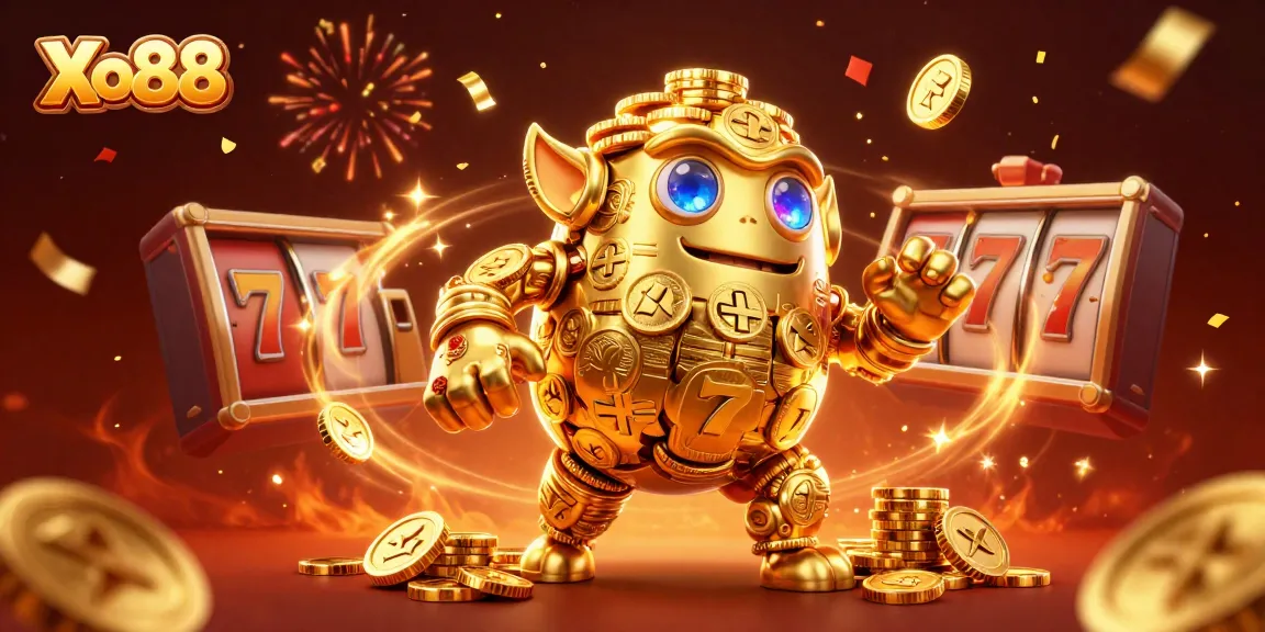 Xo88 slot reels and a golden golem celebrate with fireworks in an energetic casino scene.