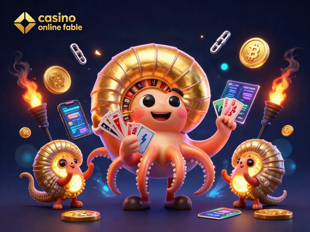 Experimenta la emoción en un casino online fiable con un nautilus gigante y elementos de criptomonedas iluminados.