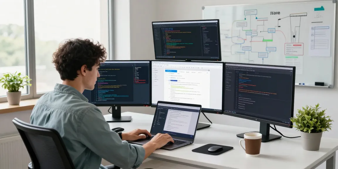 Developer builds internal tools with AI in a modern office, showcasing collaborative technology and dynamic workspace.