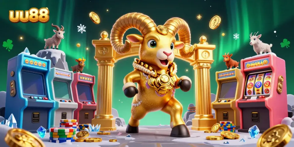 Experience a thrilling game at uu88 featuring a golden ram amidst vibrant 3D casino elements.