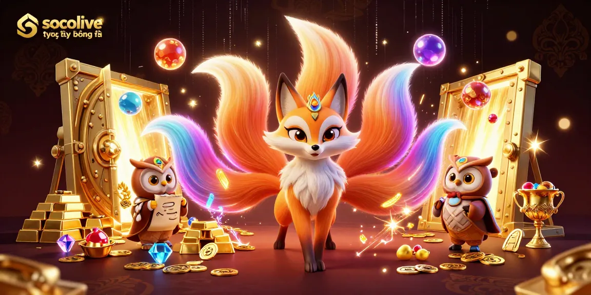 Socolive trực tiếp bóng đá showcases a vibrant 3D scene of a nine-tailed fox and an owl amid a treasure burst, enhancing the gaming atmosphere.
