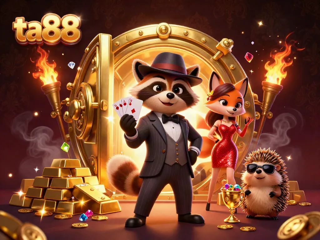 Experience thrilling ta88 casino excitement with a suave raccoon, fox, and hedgehog amidst treasure and games.