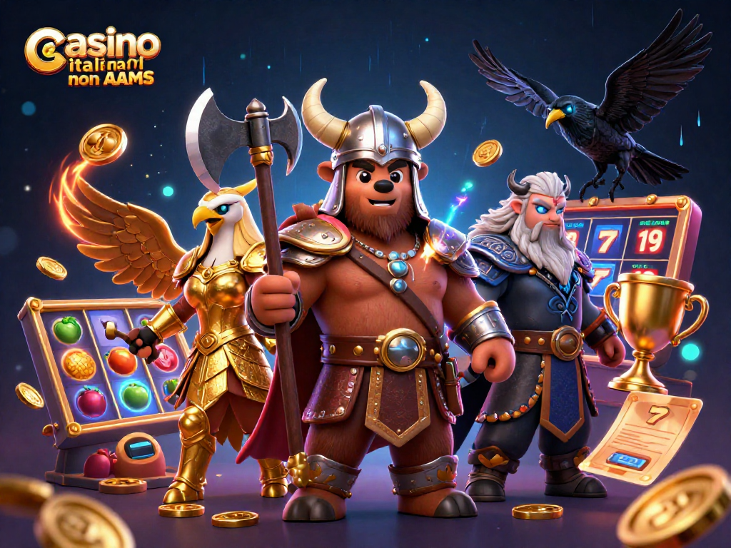 Immagine di un casinò online con personaggi in stile nordico, evidenziando casino italiani non AAMS con elementi di gioco come slot e monete d'oro.