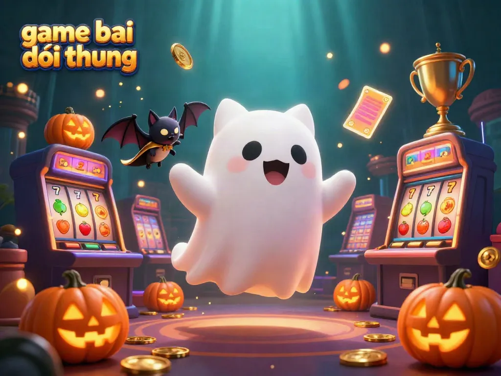 Engage in game bai doi thuong with a friendly ghost cat exploring a haunted casino mansion surrounded by vibrant slot machines.