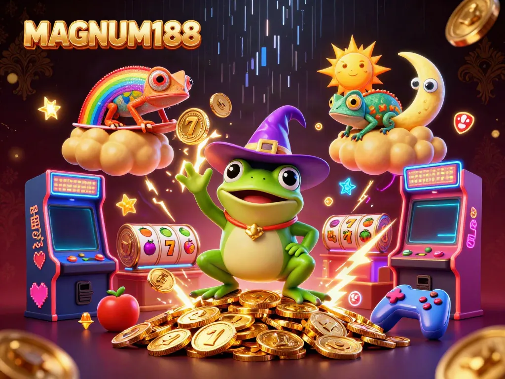 Experience the thrill of MAGNUM188 with vibrant gaming elements and characters in a dynamic casino scene.