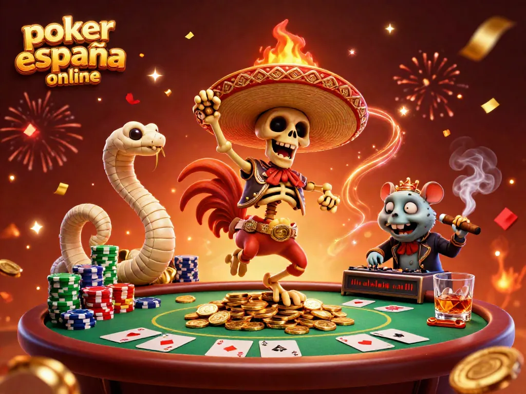 Disfruta del póker online en España con esta colorida ilustración 3D de personajes festivos y elementos interactivos.