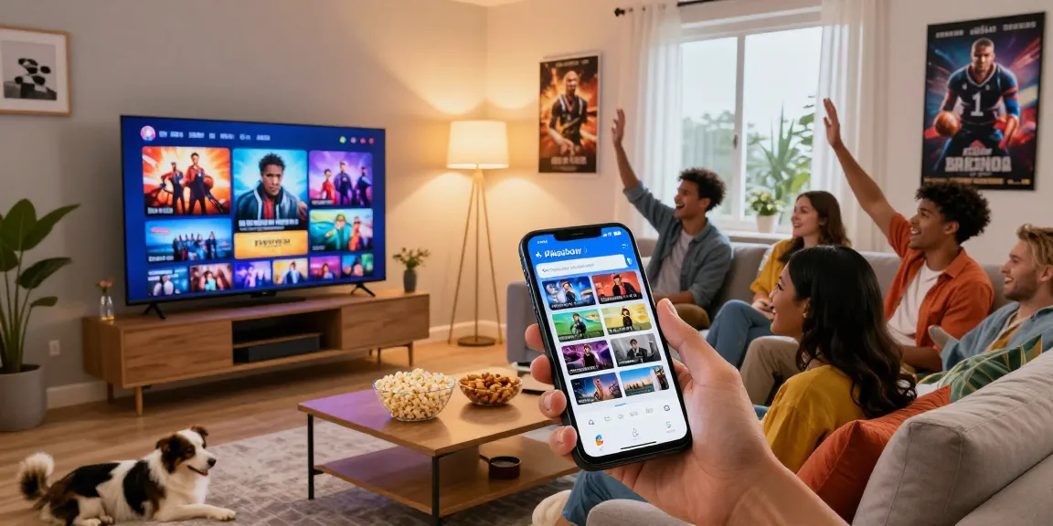 Friends enjoying movie night using Pikashow APK on smart TV, cozy living room scene