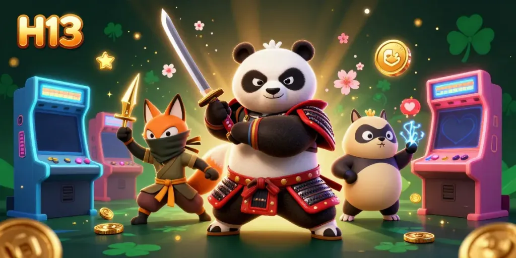 Engage with H13's vibrant online casino world, featuring dynamic characters and gaming elements.