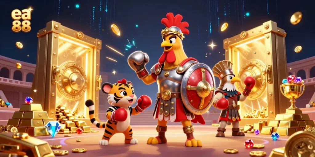 Experience the excitement of ea 88 with a vibrant casino illustration featuring a gladiator rooster and treasure elements.